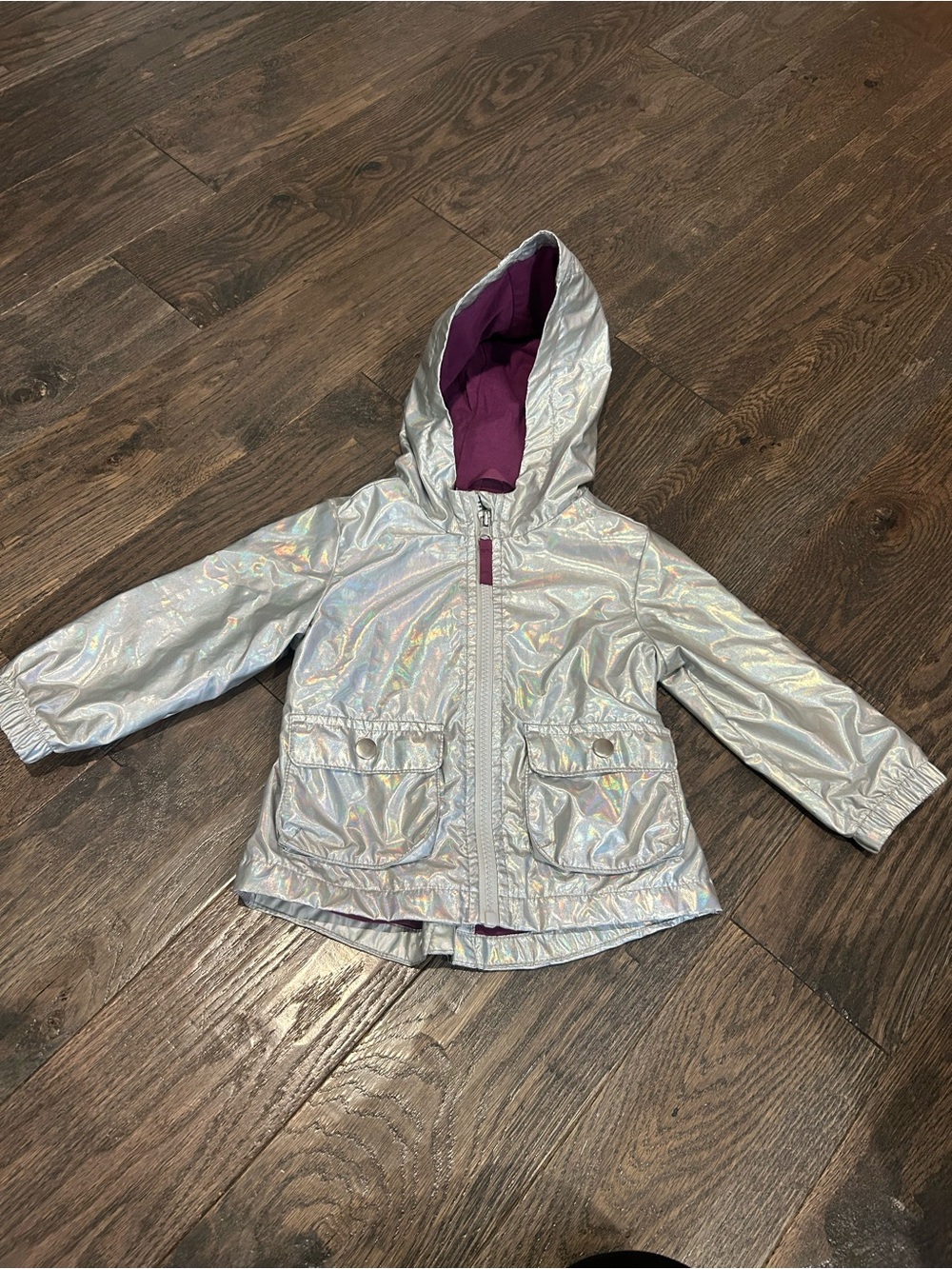Toddler Girls Holographic Silver Hooded Rain Coat Size 18 months